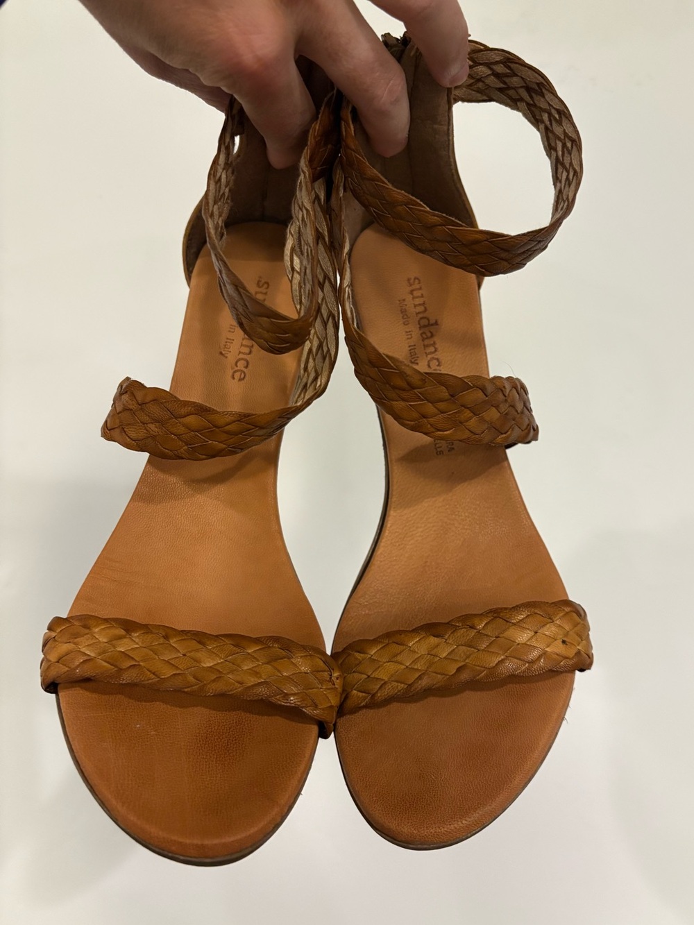 Sundance Tan Braided Leather Ankle-Strap heels